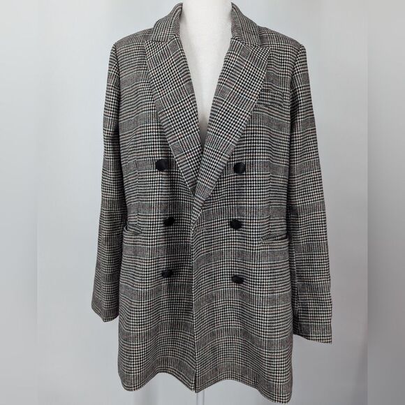 House of Harlow 1960 Houndstooth Wool Blend Double Breasted Blazer Coat Large - Picture 2 of 6